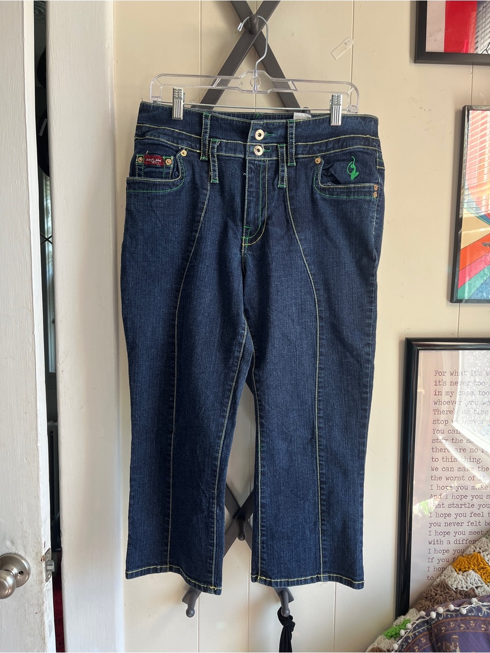 Vintage Baby Phat Dark Blue Straight-Leg Jeans with Green Stitching